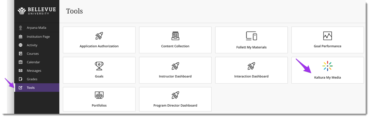 Screenshot - Blackboard to Tools, then select Kaltura My Media