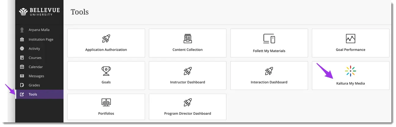 Screenshot - Blackboard to Tools, then select Kaltura My Media Screenshot - Blackboard to Tools, then select Kaltura My Media