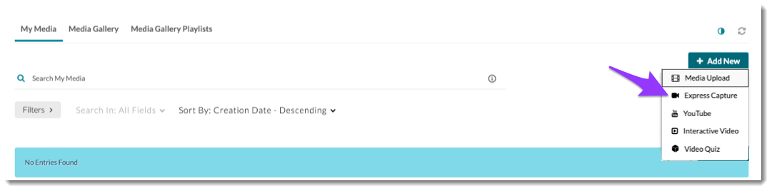 Screenshot - Kaltura Add New Express Capture
