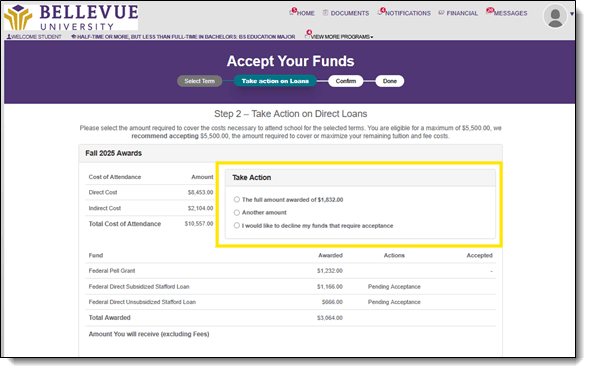 Accept Your Funds Page, Take Action on your Loans