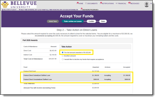 Accept Your Funds Page, Take Action on your Loans