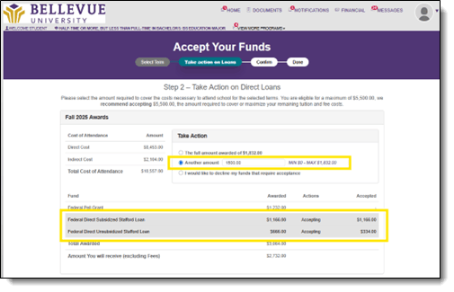 Accept Your Funds Page, Take Action on your Loans