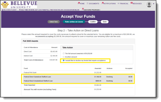 Accept Your Funds Page, Take Action on your Loans