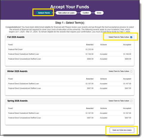 SFP Accept Your Funds page, step 1, Select Term to Take Action
