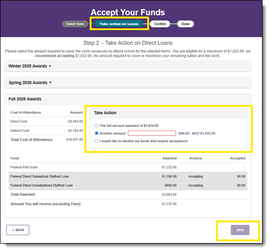 SFP Accept Your Funds page, step 2, Take Action