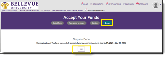 SFP Accept Your Funds page, step 4, Done